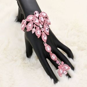 Pink Marquise Crystal Evening Hand Chain Bracelet Statement Jewelry Ring